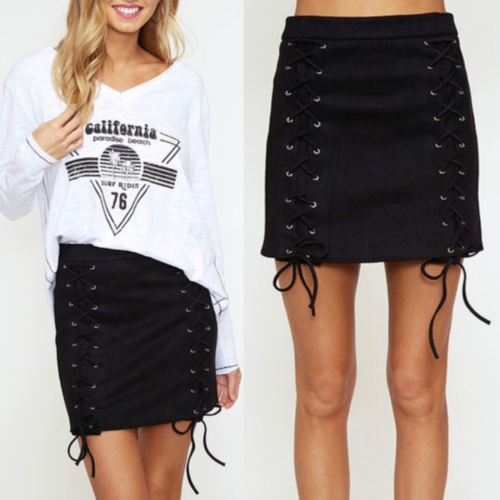 Luxe Vegan Suede Camel Lace up Mini Skirt - Picture 2 of 3